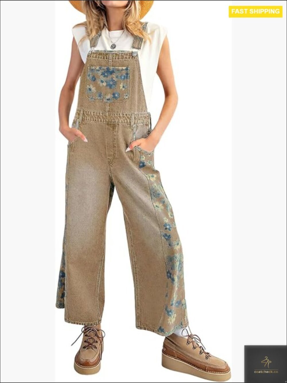 Y2K Floral Denim Jumpsuit Adjustable Straps Wide Leg Casual Vintage Boho